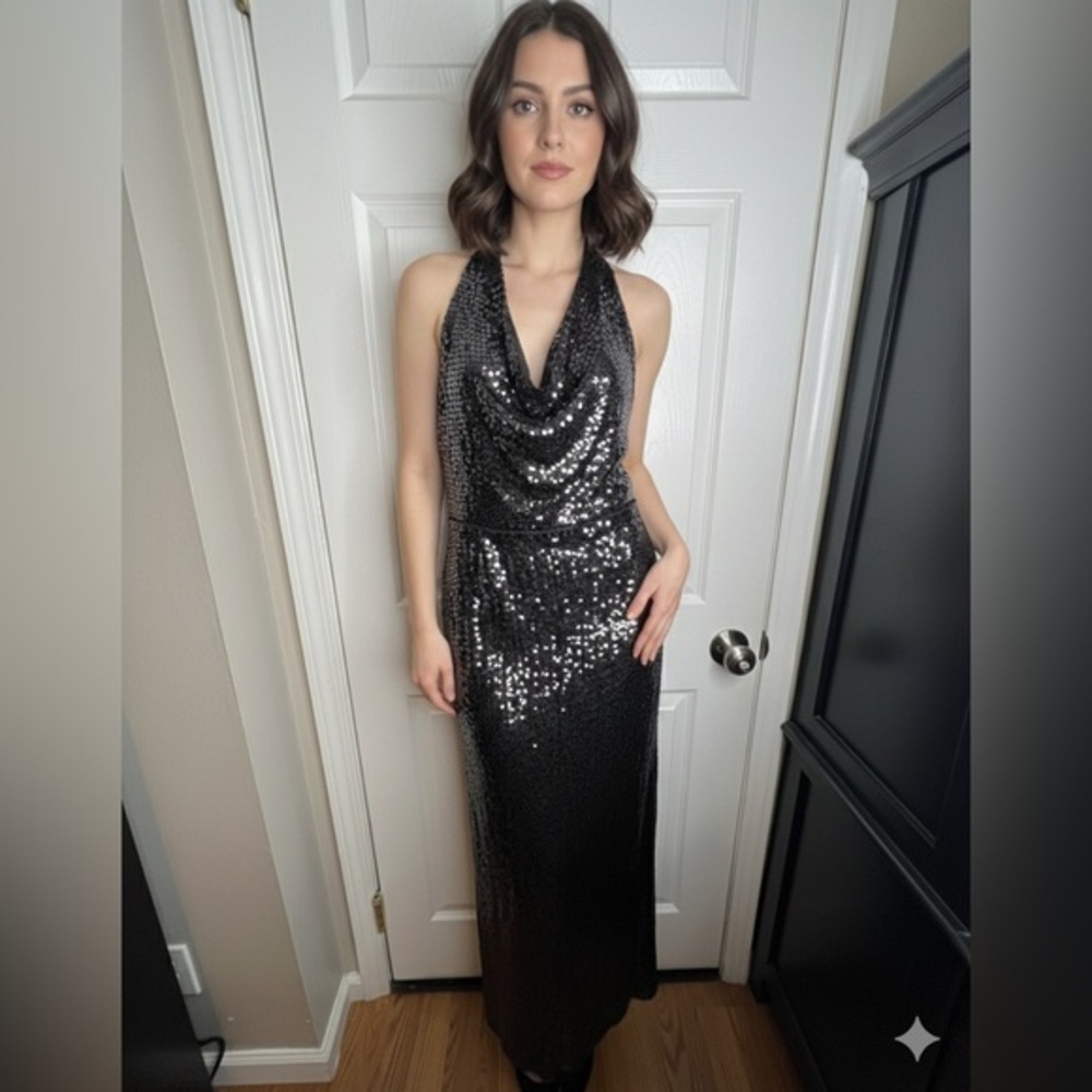Marshall Rousso Las Vegas Women’s Small Black Sequin Halter Gown Dress Formal S